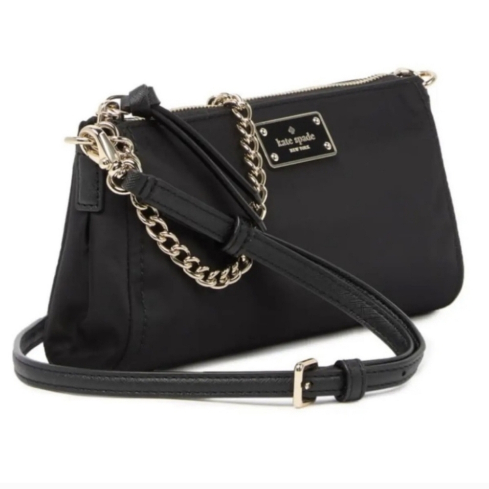 Kate Spade Wilson Road Jane Convertible Crossbody Bag Black Nylon Gold Chain